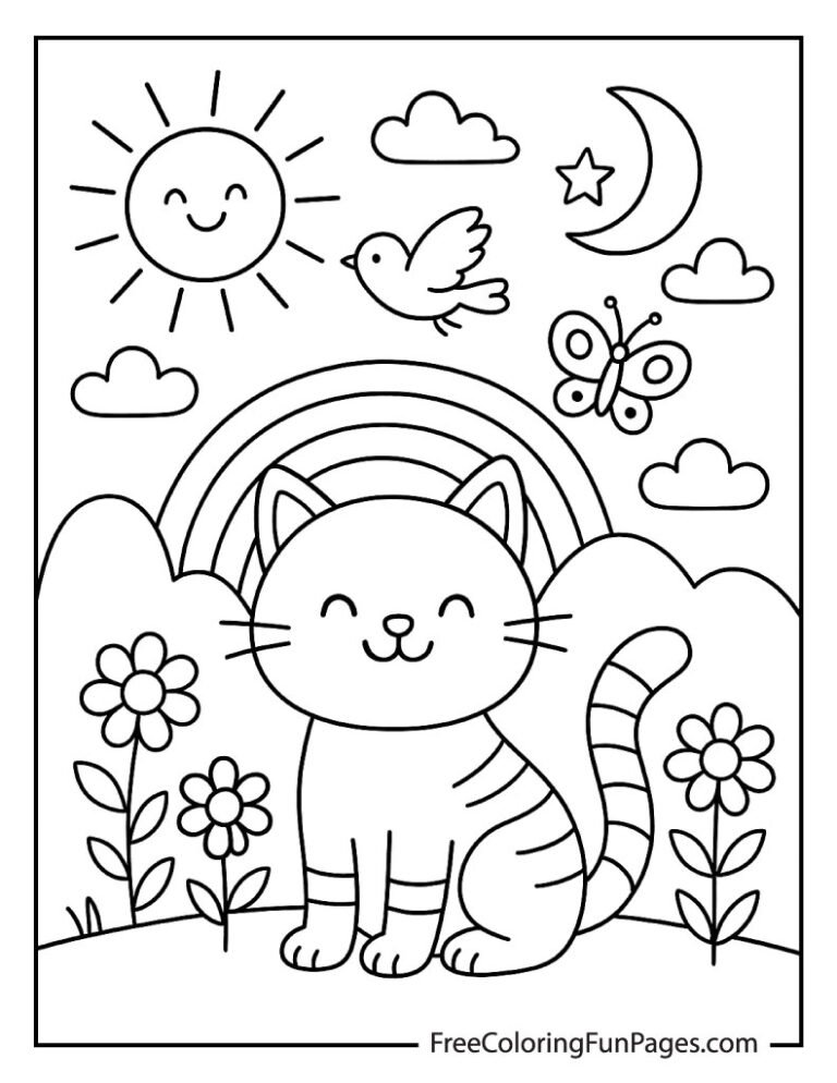 Cute cat coloring page with rainbow, flowers and a sun