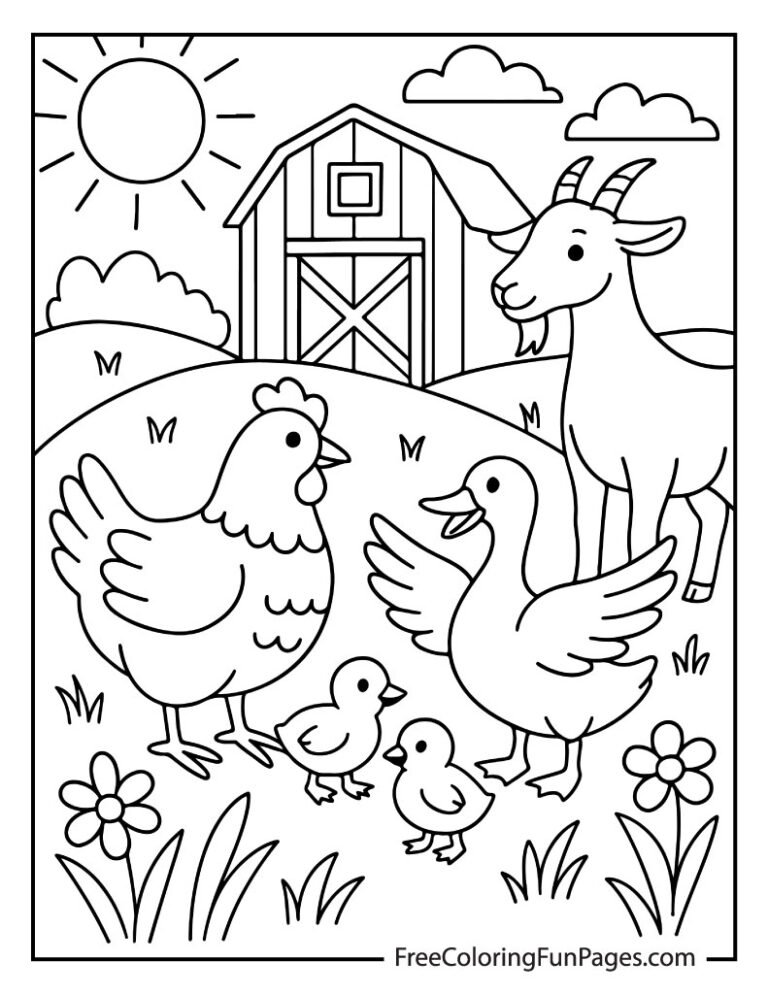 Cute farm animals coloring page with a goat, hen, chicks, and a duck