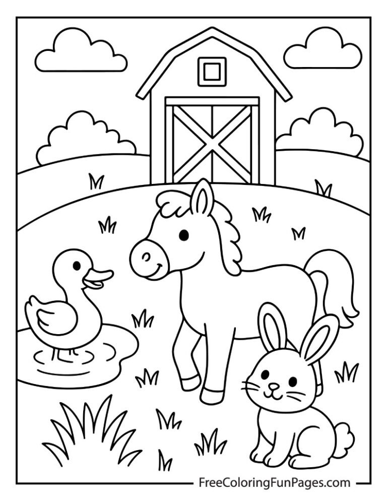 Cute farm animals coloring page with a horse, duck, and rabbit in front of a barn