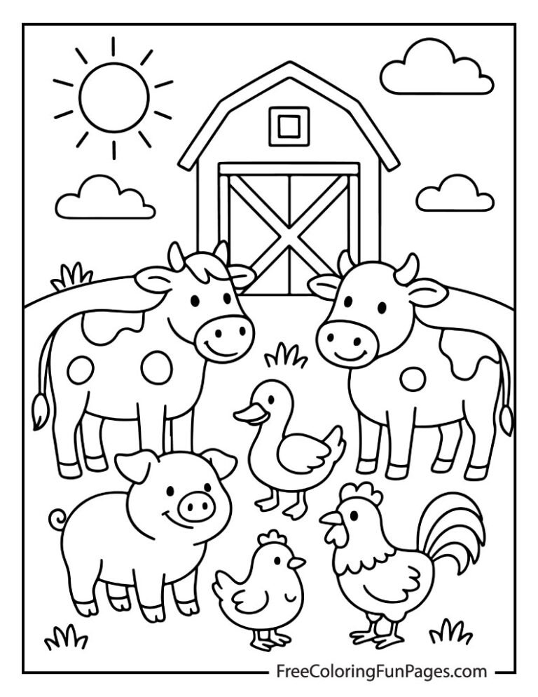 Cute farm animals coloring page with two cows, a pig, a duck, and a rooster