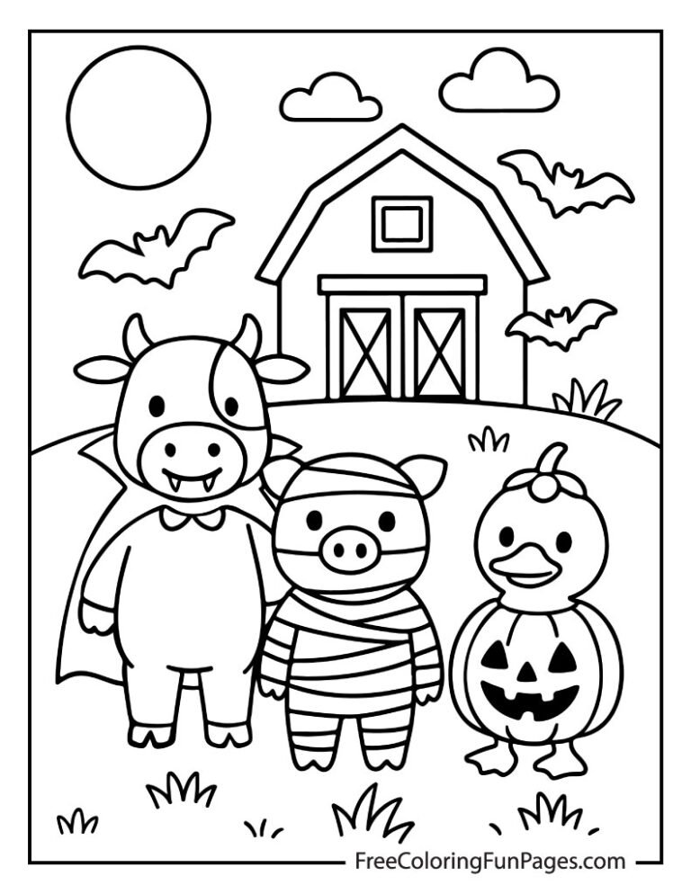 Cute Halloween coloring page with a vampire cow, mummy pig, and pumpkin duck in front of a barn