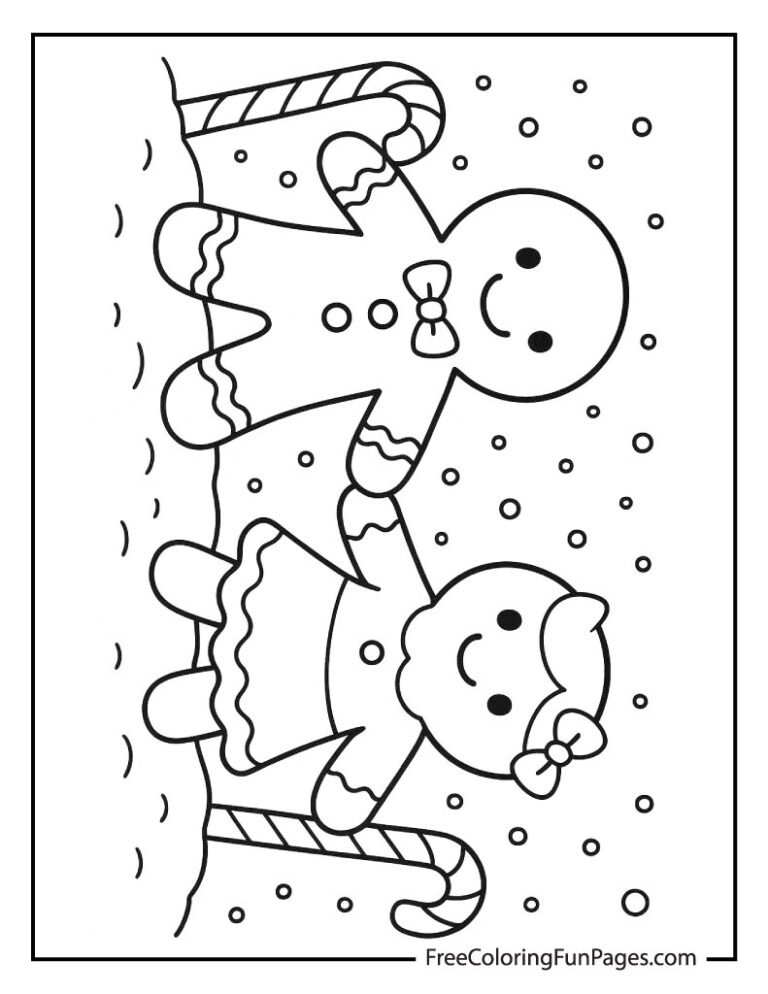 Free black and white line drawing of a gingerbread man and gingerbread woman holding hands with candy canes and falling snow in the background.