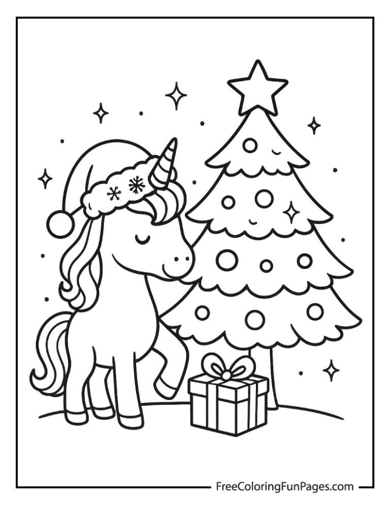 A black and white line art illustration of a cute unicorn wearing a Santa hat, standing next to a Christmas tree with a gift at its base.