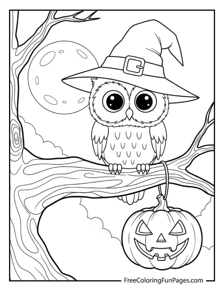 A black and white cartoon drawing of a cute owl wearing a witch hat, sitting on a tree branch with a carved jack-o'-lantern hanging below it, suitable for a coloring page.