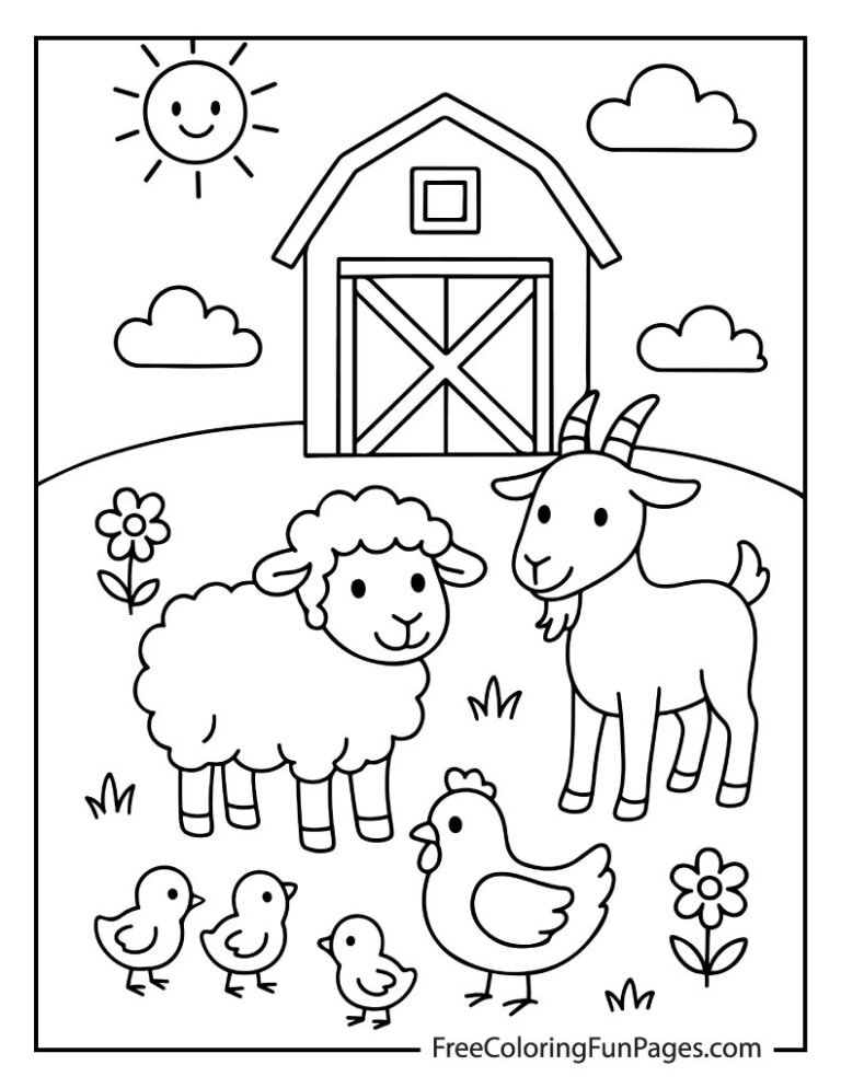 Cute farm animals coloring page with a sheep, goat, chicken, and chicks