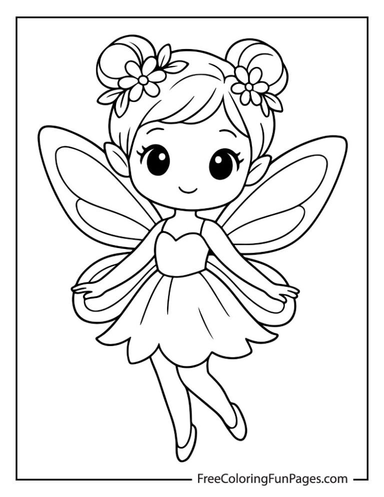 A black-and-white coloring page of a cute baby fairy with flowers in her hair and small wings, flying.