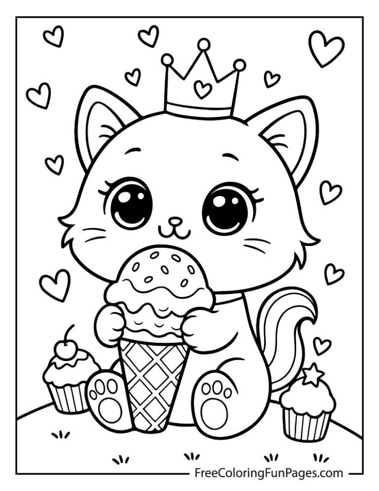 A black-and-white coloring page of a cute kitten wearing a crown and holding an ice cream cone, with cupcakes and hearts in the background.