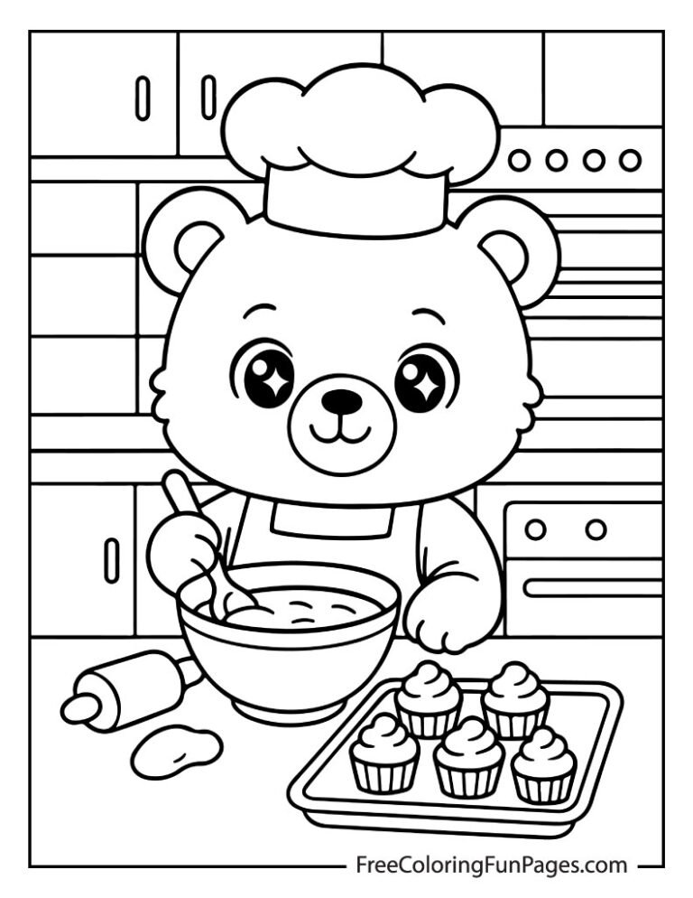 A black-and-white coloring page of a cute bear dressed as a chef, mixing batter in a bowl and standing next to a tray of cupcakes.