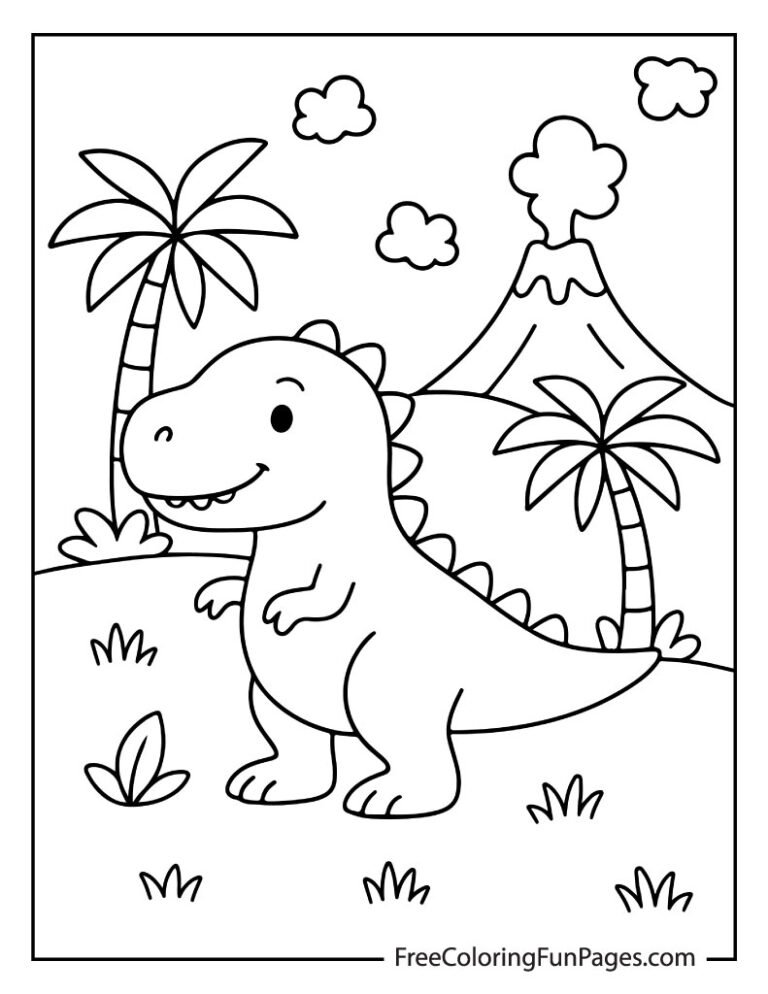 A coloring page featuring a cute cartoon dinosaur smiling in a prehistoric scene with palm trees and a smoking volcano.