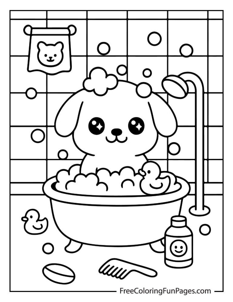 A black-and-white coloring page of a cute dog with big eyes taking a bath in a bathtub with bubbles and a rubber ducky.