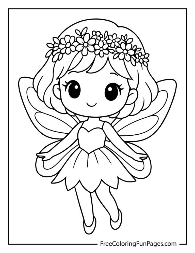 A black-and-white coloring page of a cute fairy with wings and a flower crown, smiling.