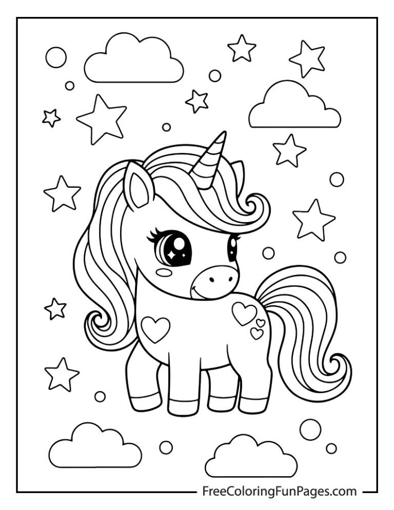 A cute cartoon unicorn coloring page with hearts, clouds, and stars. The unicorn has big eyes and a swirly mane.