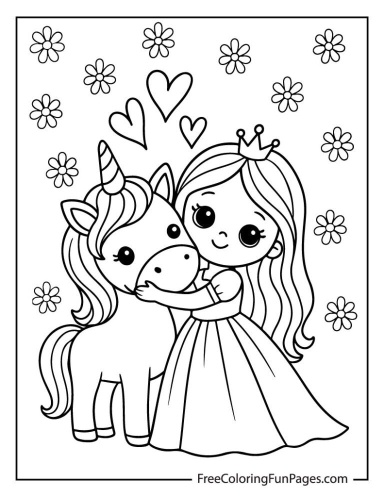 A black-and-white coloring page of a cute princess with a crown hugging a unicorn.