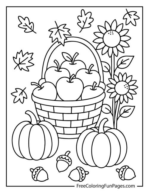 Cute autumn harvest coloring page with pumpkins, a basket of apples, and sunflowers