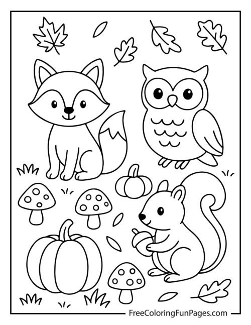 A black-and-white coloring page of a cute fox, an owl, and a squirrel with an acorn, surrounded by pumpkins, mushrooms, and autumn leaves.