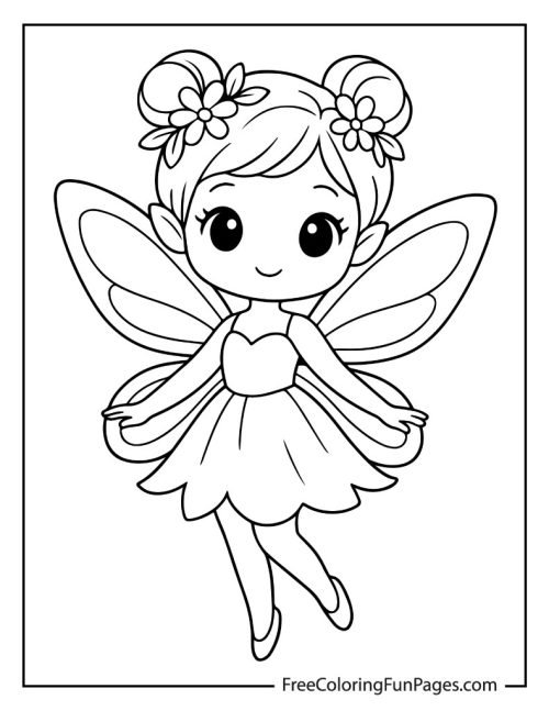 A black-and-white coloring page of a cute baby fairy with flowers in her hair and small wings, flying.