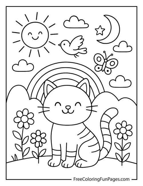 Cute cat coloring page with rainbow, flowers and a sun