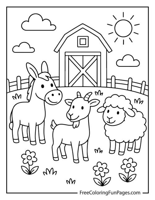 Cute farm animals coloring page with a donkey, goat, and sheep in front of a barn