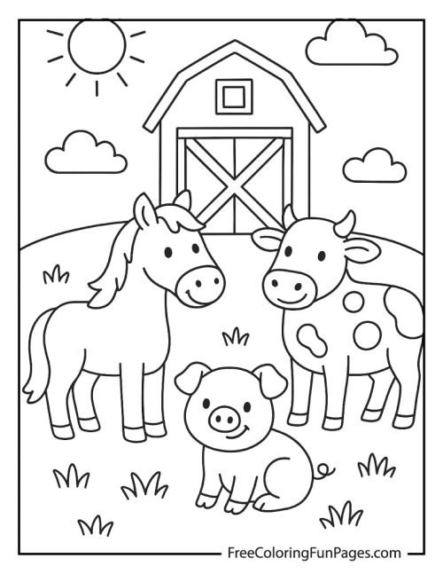 Cute farm animals coloring page with a horse, pig, and cow