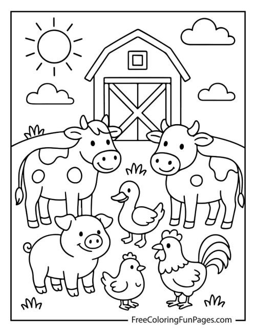 Cute farm animals coloring page with two cows, a pig, a duck, and a rooster