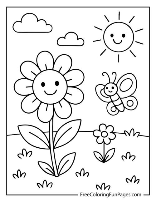 Cute flower and butterfly coloring page with a smiling sun