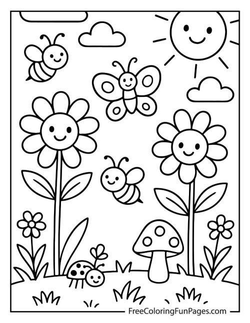 Cute garden coloring page with smiling sunflowers, bees, and a butterfly