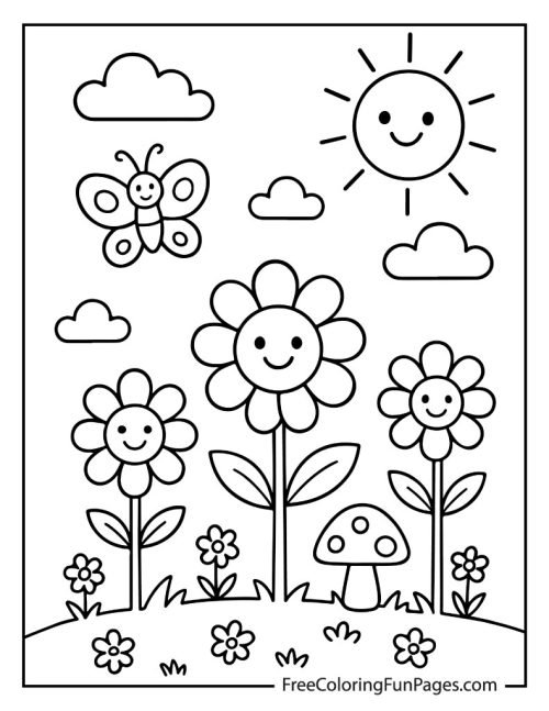 Cute garden coloring page with smiling flowers, a butterfly, and a mushroom