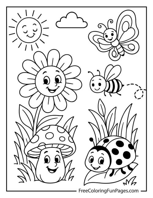Cute coloring page of a garden with a butterfly, bee, ladybug, and flowers