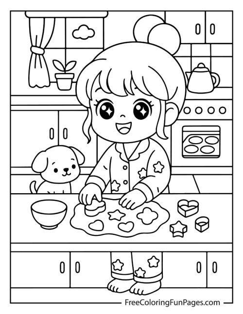A black-and-white coloring page of a girl in pajamas and a puppy baking cookies with star and heart-shaped cookie cutters.