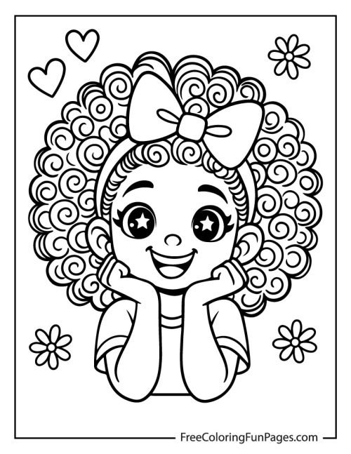 A black-and-white coloring page of a cute girl with a large bow in her curly hair, smiling with her hands under her chin.