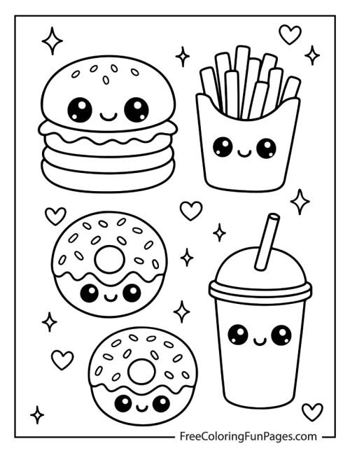 A coloring page featuring a collection of cute, cartoon-style fast food items with smiling faces, including a burger, french fries, donuts, and a drink.