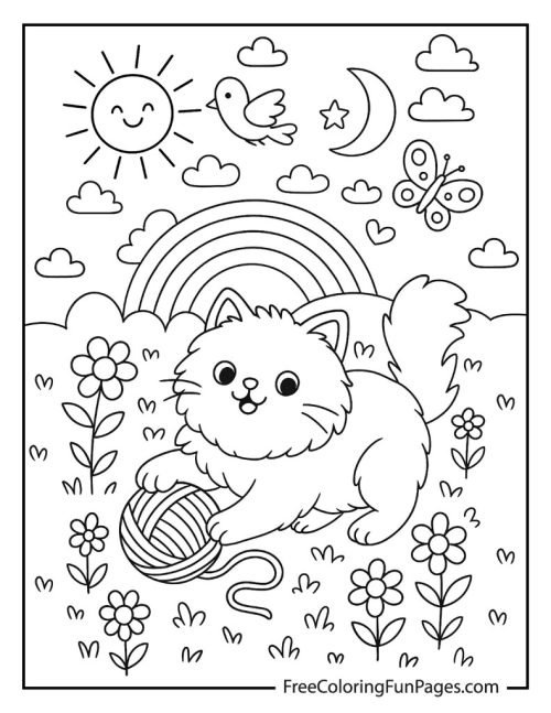 Cute fluffy kitten playing with a ball of yarn coloring page