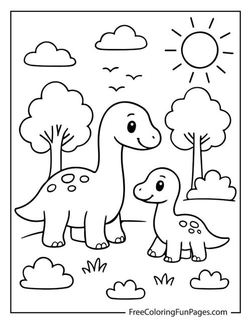 A coloring page of two cute long-neck dinosaurs, a parent and a child, standing together in a prehistoric field with trees.