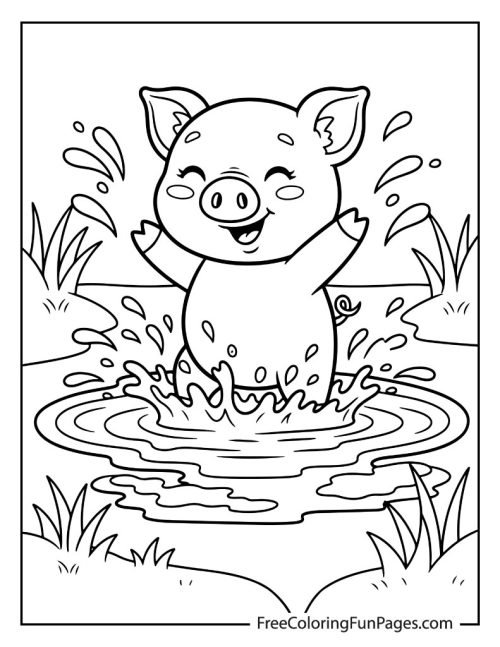 A cute cartoon pig smiling and splashing happily in a mud puddle.