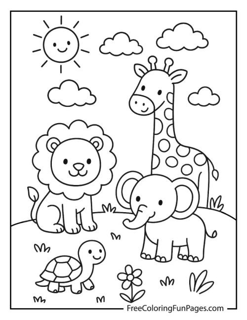 Cute safari animals coloring page with a lion, giraffe, elephant, and turtle