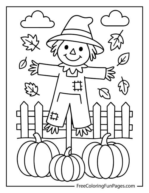 Cute scarecrow coloring page with three pumpkins and autumn leaves