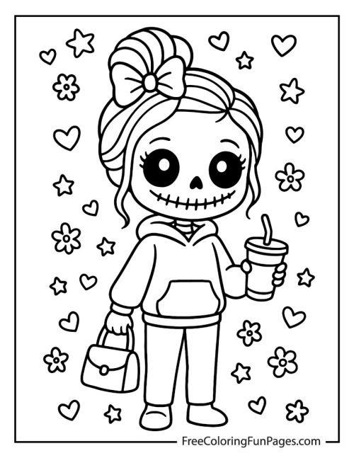 Cute skeleton girl in a hoodie holding a purse coloring page