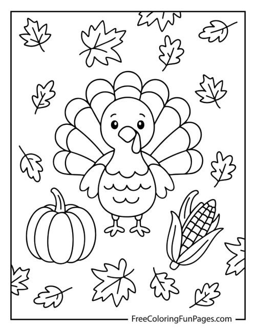 Cute Thanksgiving coloring page with a turkey, pumpkin, and corn