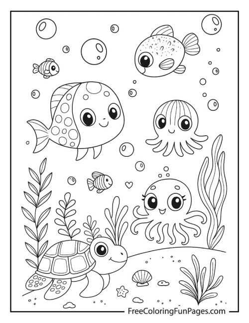 A black-and-white coloring page of an underwater scene with a turtle, two octopuses, and several fish among seaweed and bubbles.