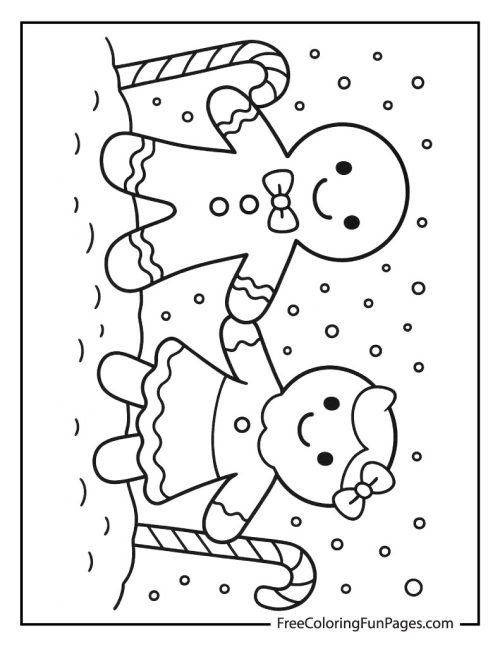 Free black and white line drawing of a gingerbread man and gingerbread woman holding hands with candy canes and falling snow in the background.