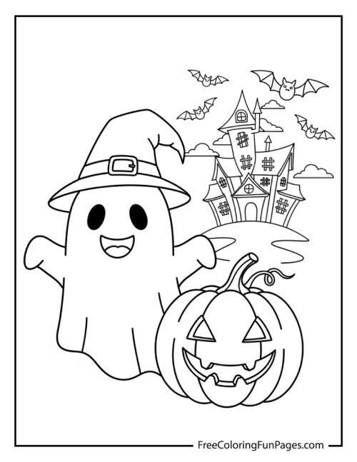 Black and white line art illustration for a Halloween coloring page, featuring a smiling ghost wearing a witch hat next to a carved pumpkin, with a spooky haunted house and flying bats in the background.