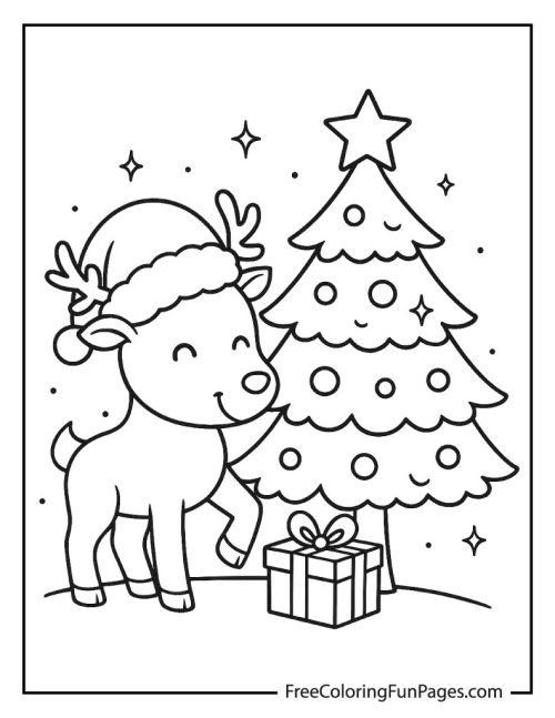 A black and white line art illustration of a cute reindeer wearing a Santa hat, standing next to a Christmas tree with a gift at its base.