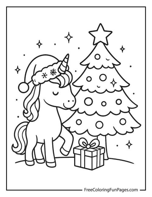 A black and white line art illustration of a cute unicorn wearing a Santa hat, standing next to a Christmas tree with a gift at its base.