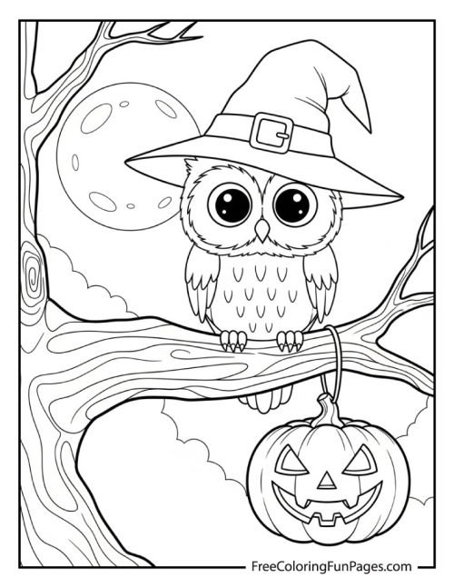 A black and white cartoon drawing of a cute owl wearing a witch hat, sitting on a tree branch with a carved jack-o'-lantern hanging below it, suitable for a coloring page.