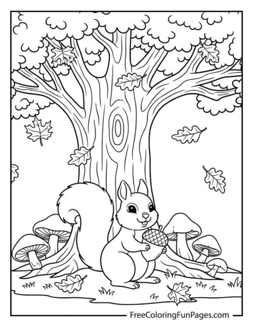 A black and white line art illustration for a coloring page, showing a cute squirrel holding an acorn beneath a large oak tree, with falling leaves and mushrooms on the ground.