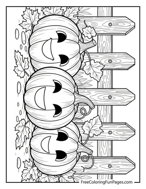 A black and white line art illustration of three smiling pumpkins sitting together in front of a wooden fence, with autumn leaves on the ground.