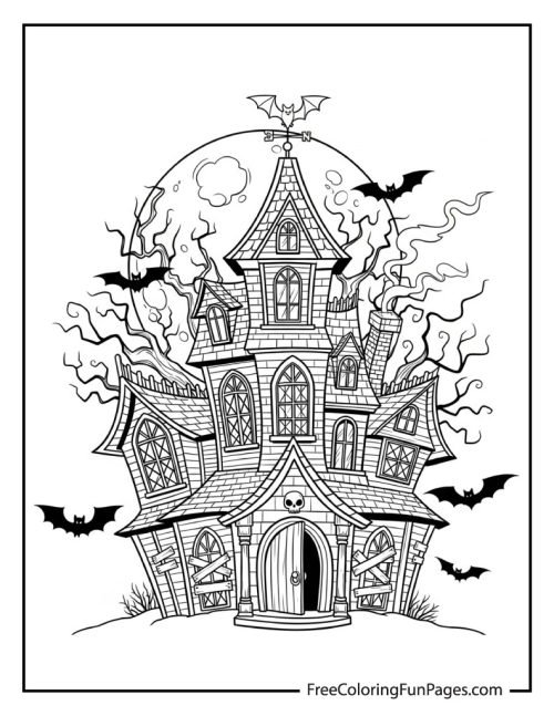 A black and white line art illustration of a spooky haunted house with big windows and a crooked roof, with bats flying around and a full moon in the background.